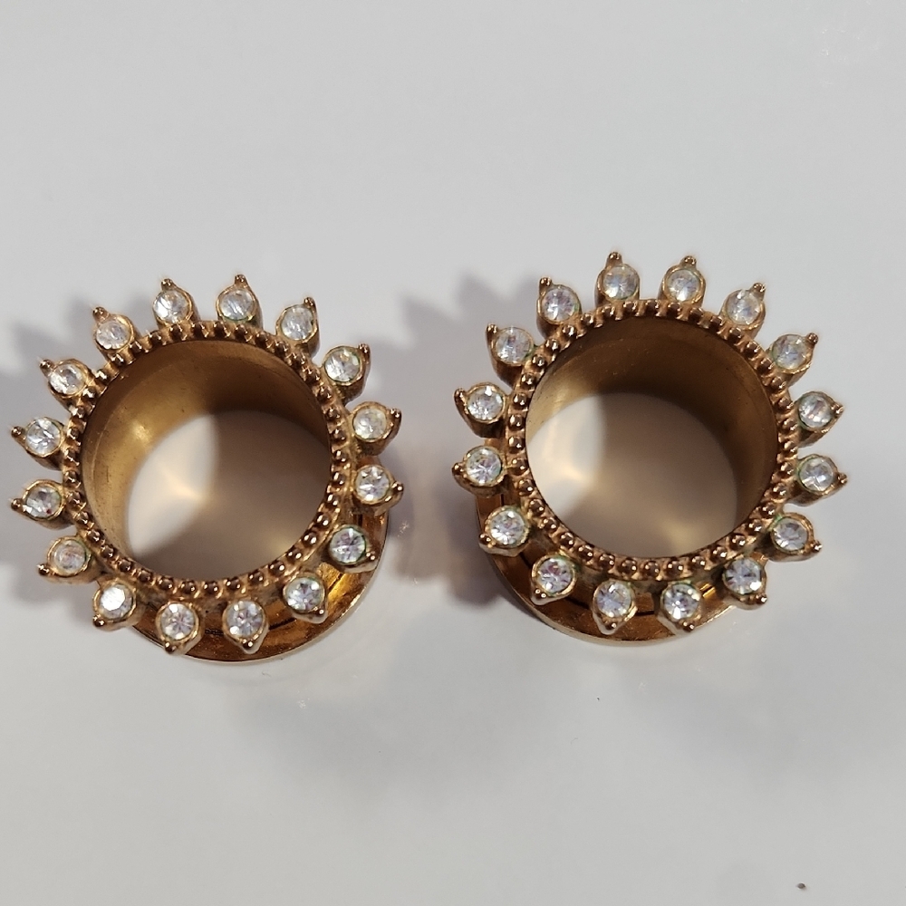 Brass Sunburst 14mm  9/16  Metal Gold Tone Plug Earrings Stud Circle w/ Stones 